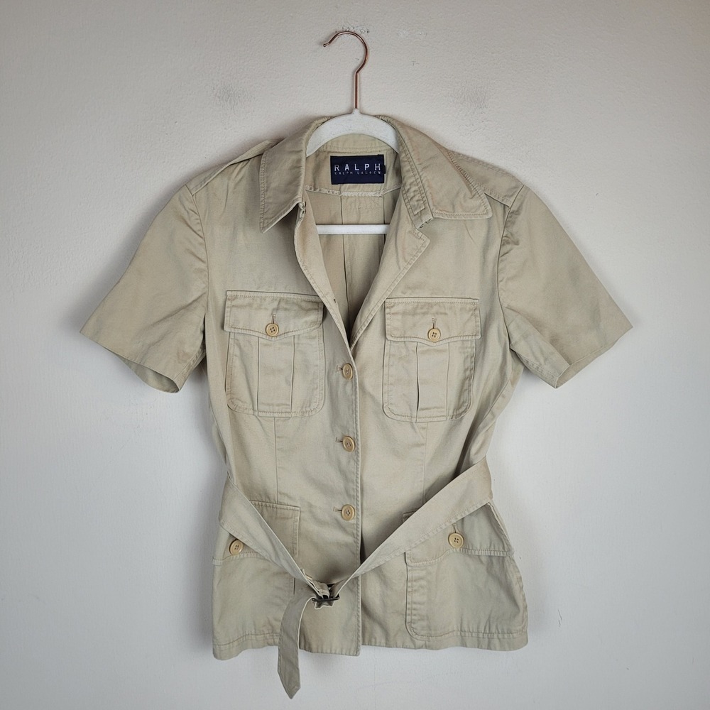 Vintage Ralph Lauren Safari Shirt Khaki Belted Short Sleeve Utility Belted 90s